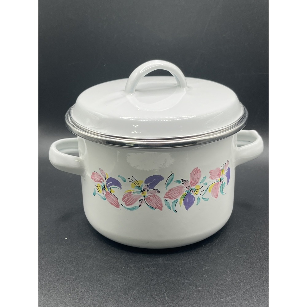 Small Vintage Enamel Pot w/ Lid - White w/ Flowers - Made in Indonesia